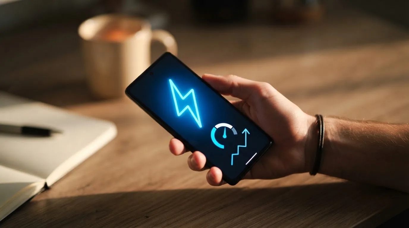 Dłoń trzymająca smartfon z ikoną błyskawicy na ekranie portfela kryptowalutowego, w tle rozmyte biurko.