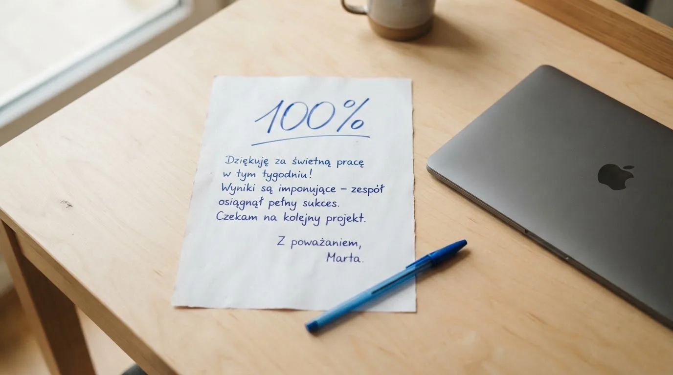 Kartka papieru z odręcznie zapisaną kwotą kary leżąca obok zamkniętego laptopa na biurku.