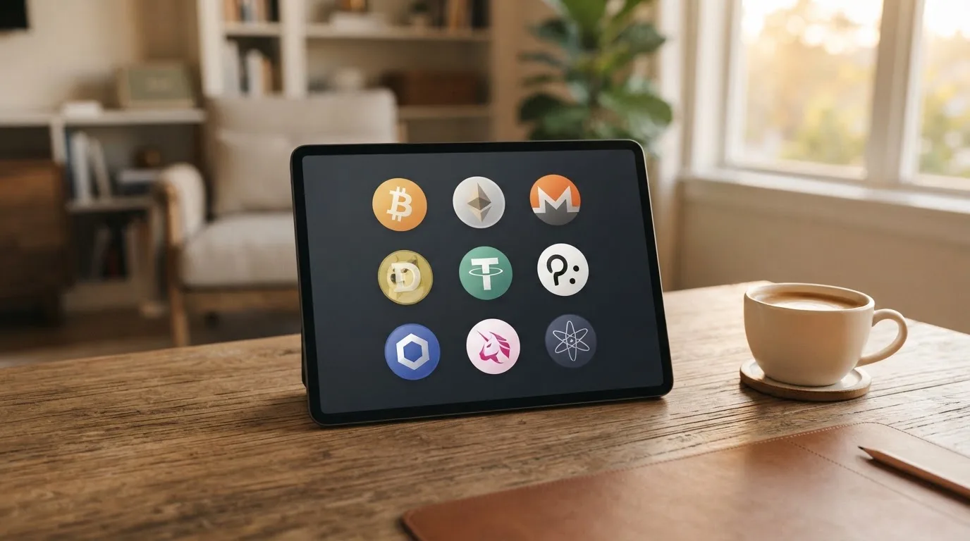 Tablet z siatką ikon kryptowalut na ekranie aplikacji kasyna, obok filiżanka kawy.