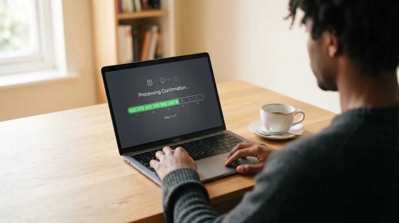 Ekran laptopa z prostym paskiem postępu pokazującym liczbę potwierdzeń transakcji, obok filiżanka kawy.